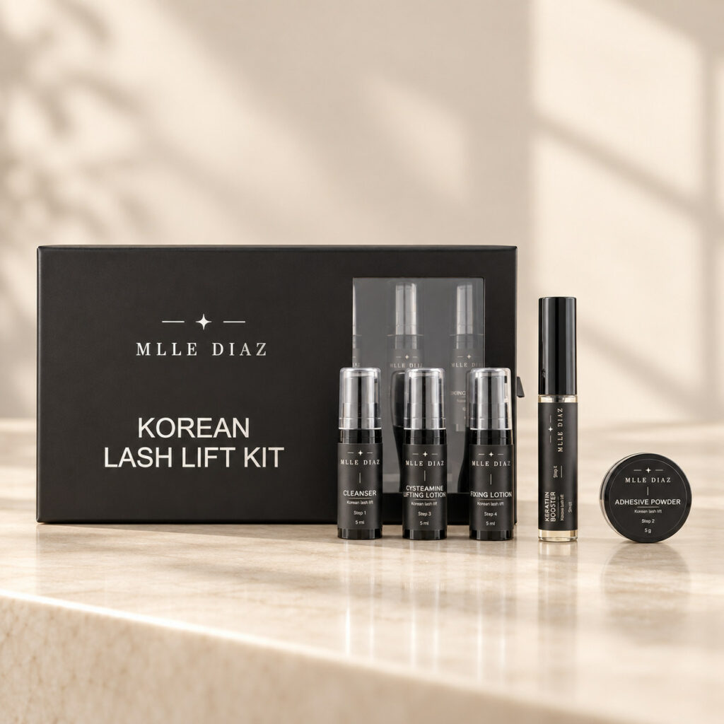 Kit Korean Lash Lift Mlle Diaz : coffret, nettoyant, lotions cystéamine et fixatrice, sérum kératine, poudre adhésive