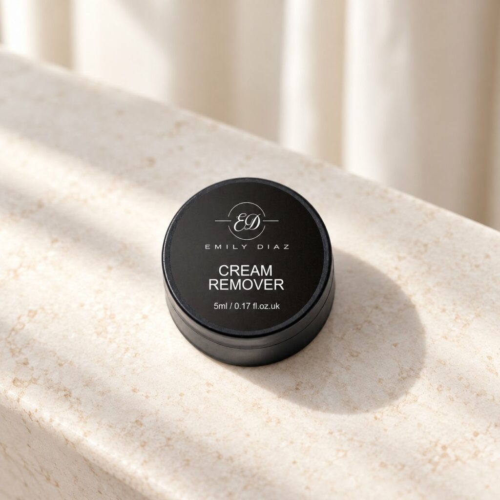 Cream remover pour la dépose des extensions de cils, posé sur un plan clair
