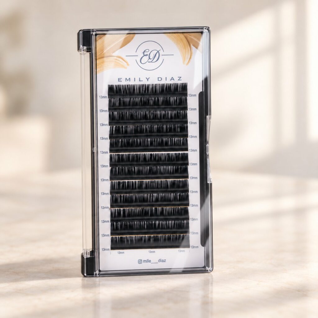 Extensions de cils volume russe debout sur un plan de travail lumineux