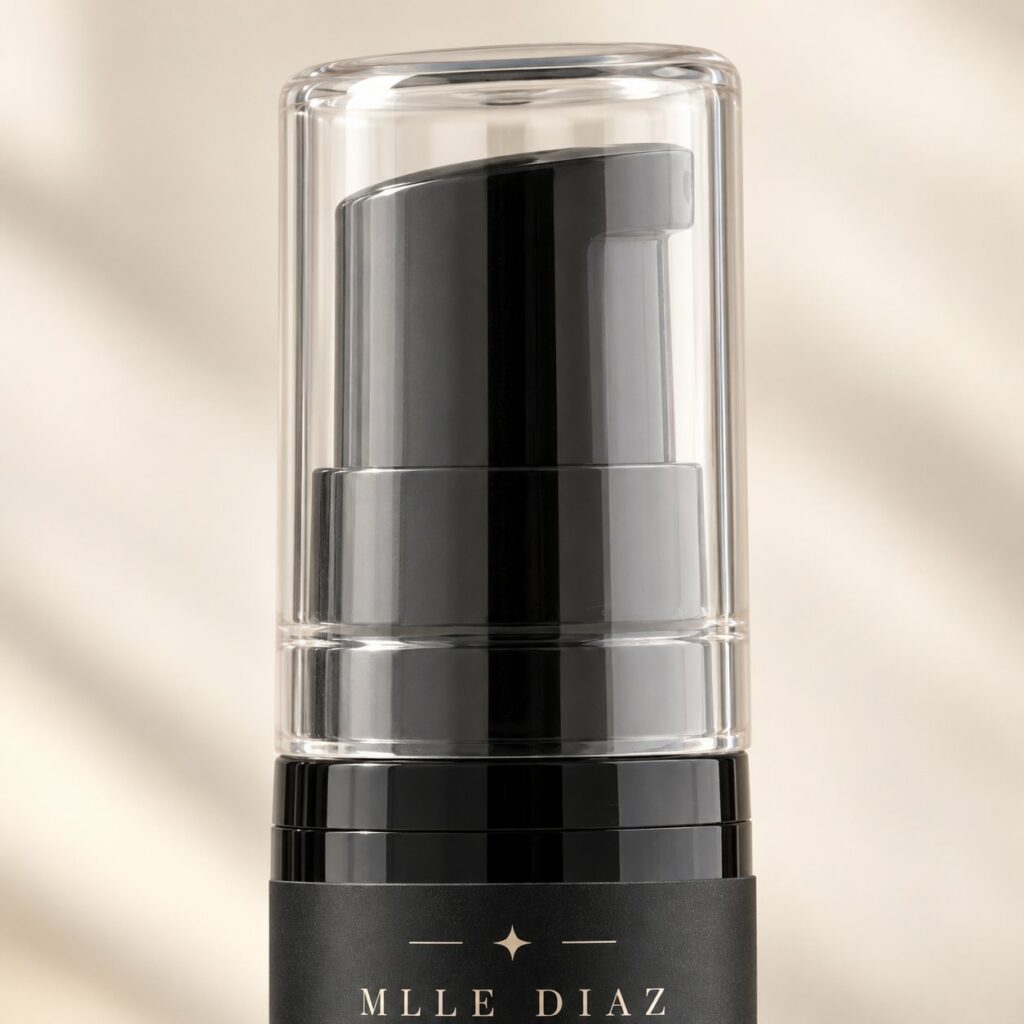 Gros plan sur la pompe de la lotion fixatrice Mlle Diaz