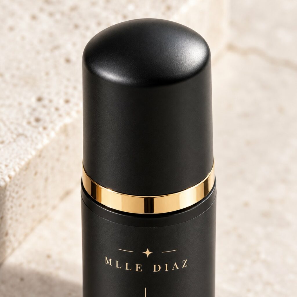 Gros plan sur le flacon de mousse nettoyante cils Mlle Diaz et sa bague dorée