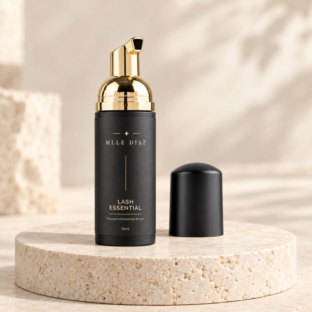Mousse nettoyante Lash Essential et sa pompe dorée, sur un socle en pierre