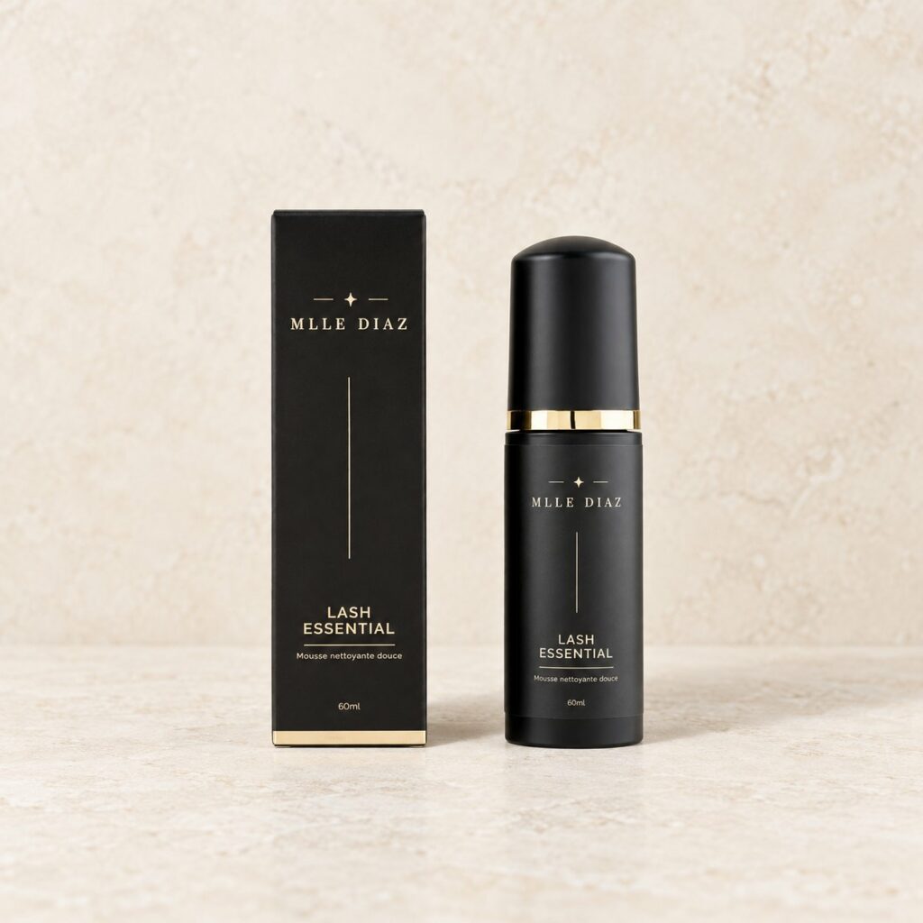 Mousse nettoyante cils Lash Essential Mlle Diaz à côté de son étui
