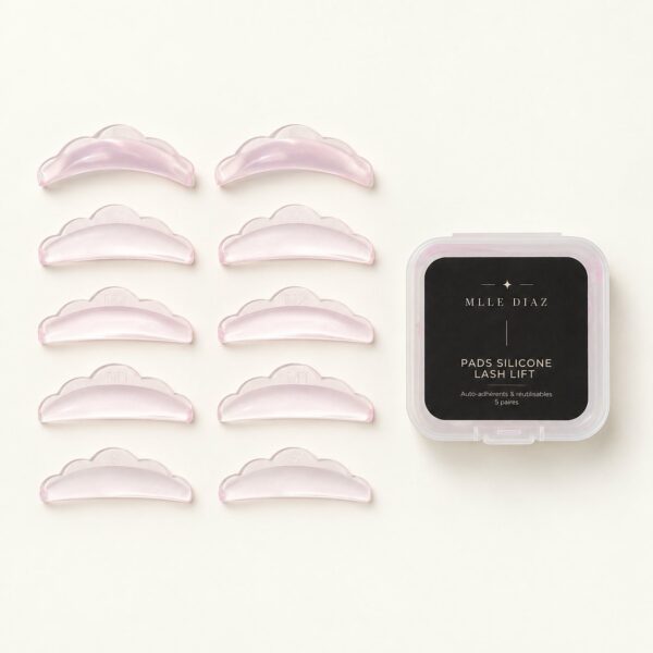 Pads silicone gel Korean Lash Lift en plusieurs tailles, à côté de leur boîte