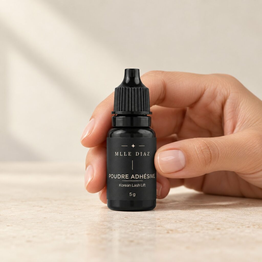 Main tenant le flacon de poudre adhésive Korean Lash Lift Mlle Diaz
